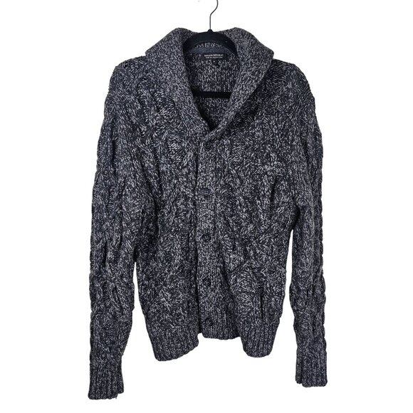 Banana Republic Cable Knit Cardigan Sweater M Gray Shawl Collar Wool Blend Dad - Picture 1 of 10